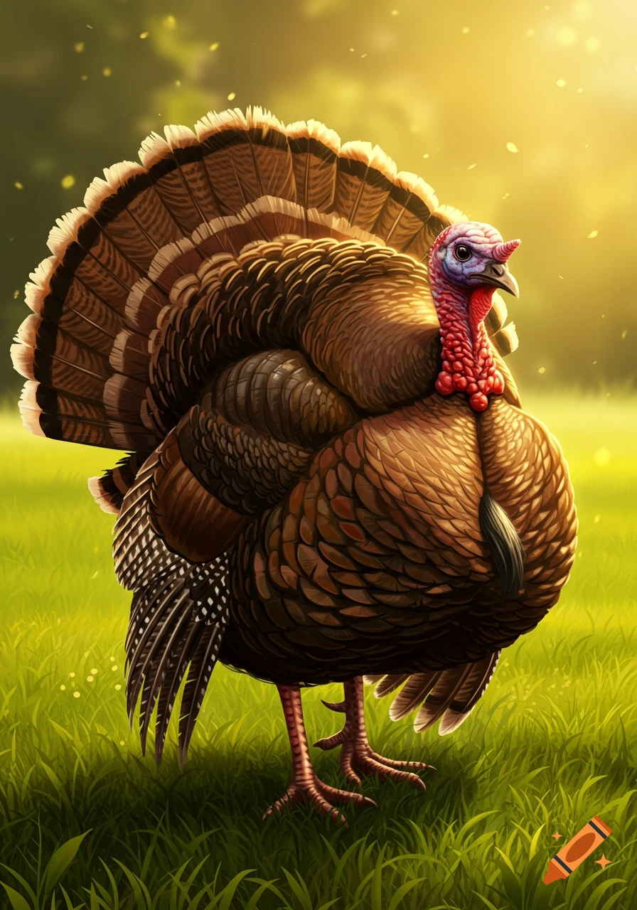 A male turkey displays its tail feathers while standing in a sunlit grassy field, digital illustration.