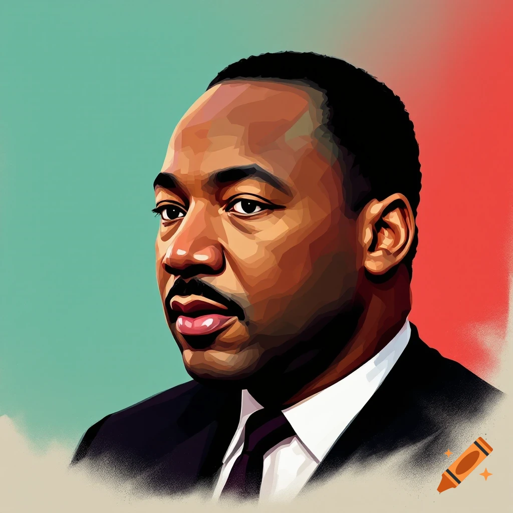 Stylized portrait of Martin Luther King Jr. against a red and teal background.