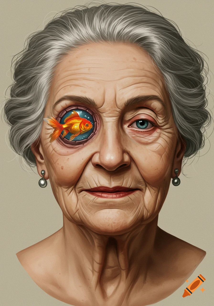 Headshot of an elderly woman with a goldfish swimming in a glass eye, digital painting