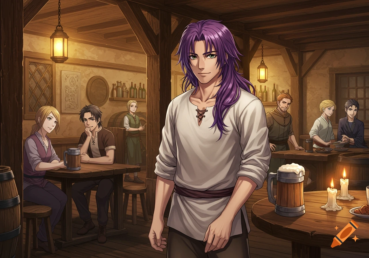 Anime man with purple hair in a medieval tavern with other patrons.