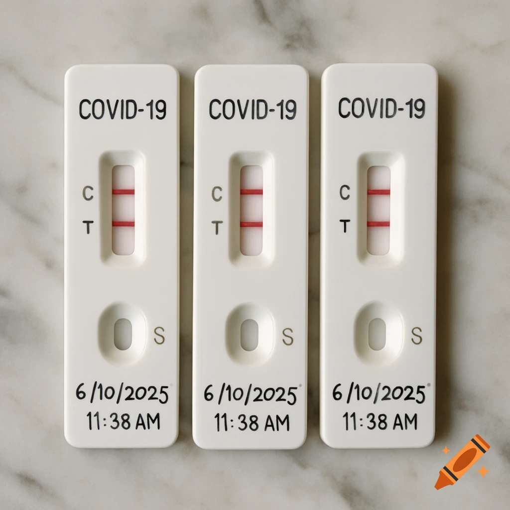 Three positive COVID-19 tests with 6/10/2025 11:38 AM timestamps on a marble surface.