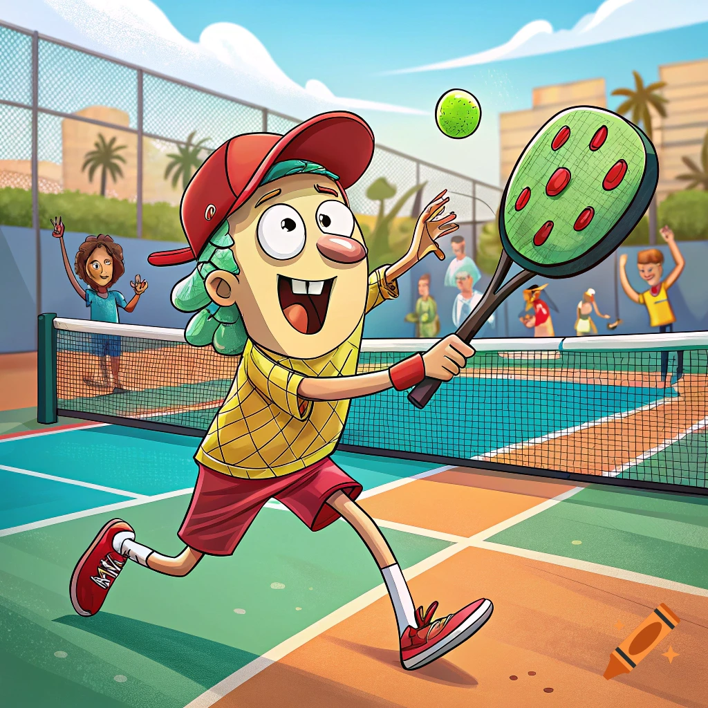 A cartoon character in a red hat and yellow shirt plays pickleball, swinging a large paddle.