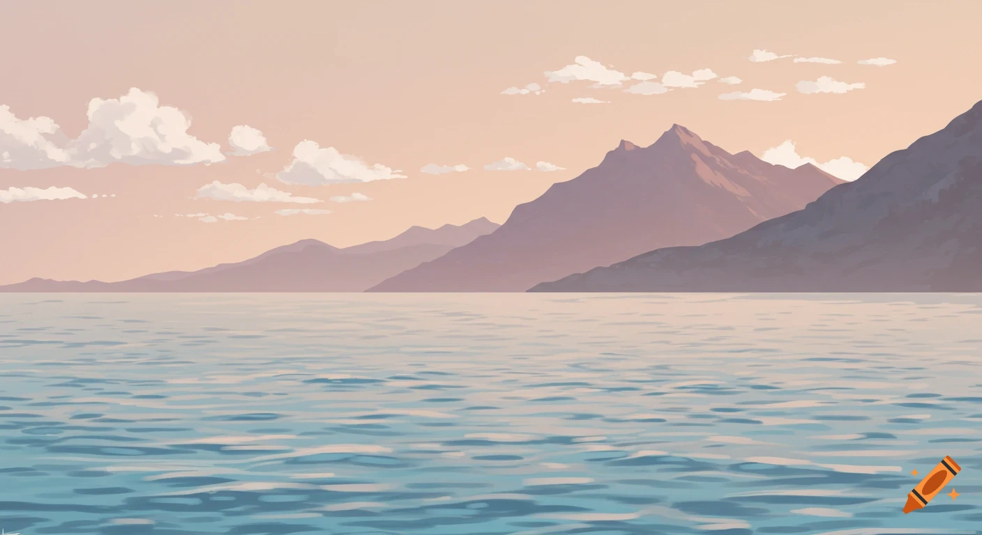 A stylized landscape shows calm blue water in the foreground and purple mountains under a pale pink sky with fluffy clouds.