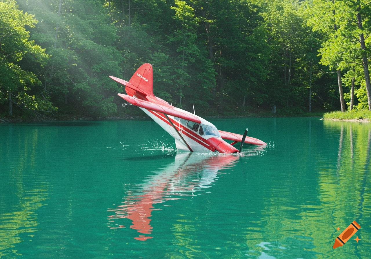 Red and white airplane submerged in a green lake near forest, photorealistic.
