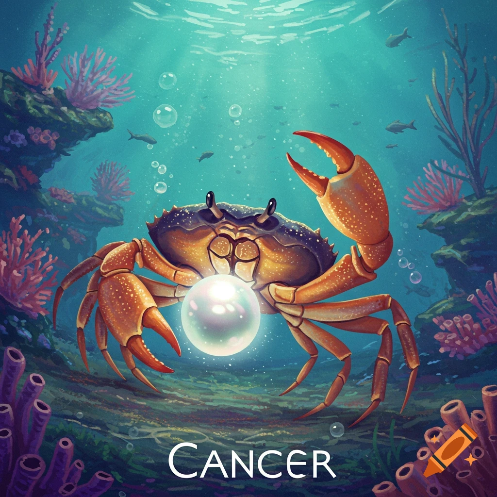 Illustration of a crab underwater holding a pearl, with 'CANCER' text below.