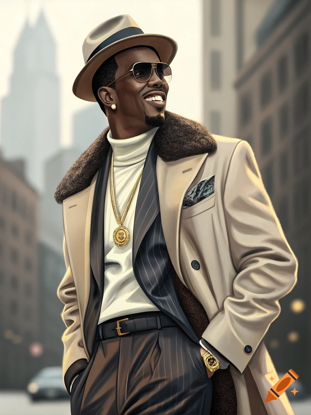 Portrait of a man in a hat, sunglasses, trench coat, and gold jewelry posing in a city street.