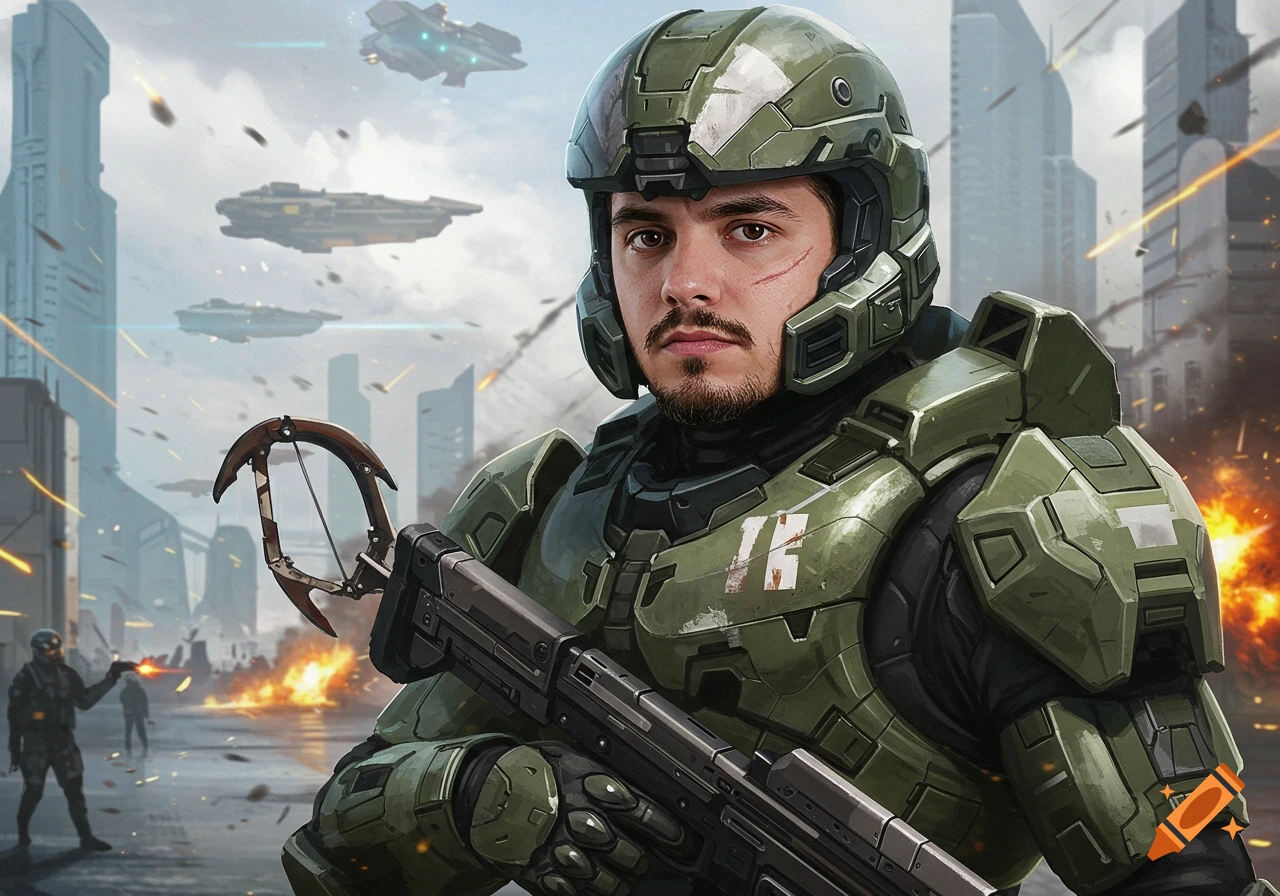 Person in green Halo armor holding a rifle in a futuristic city battlefield.