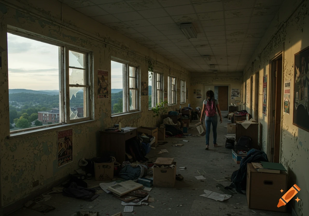 Person with a backpack walks through a cluttered, abandoned hallway with peeling paint, broken windows, and posters on the walls.