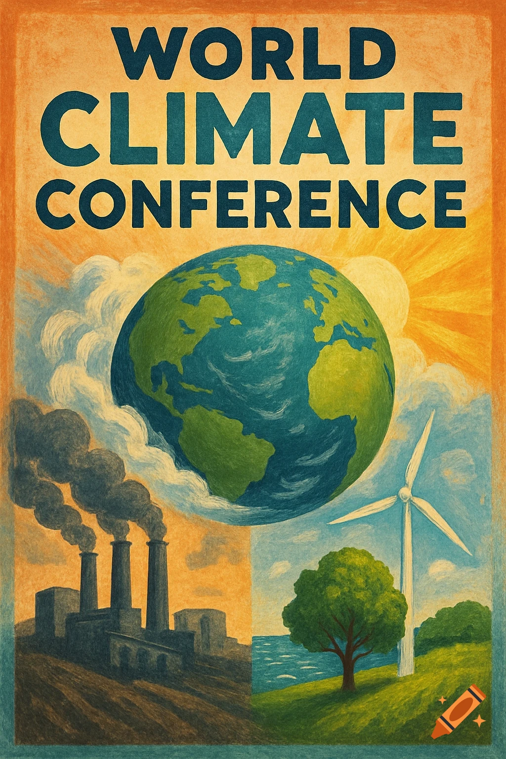 Poster for the World Climate Conference showing Earth, a smoking factory, and a wind turbine.