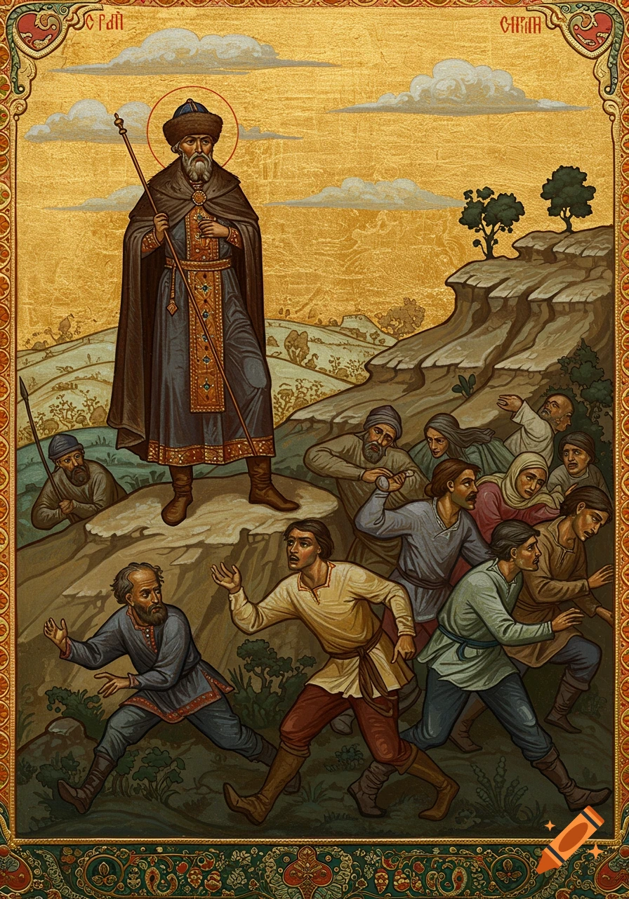 Russian icon of a figure standing above peasants running away