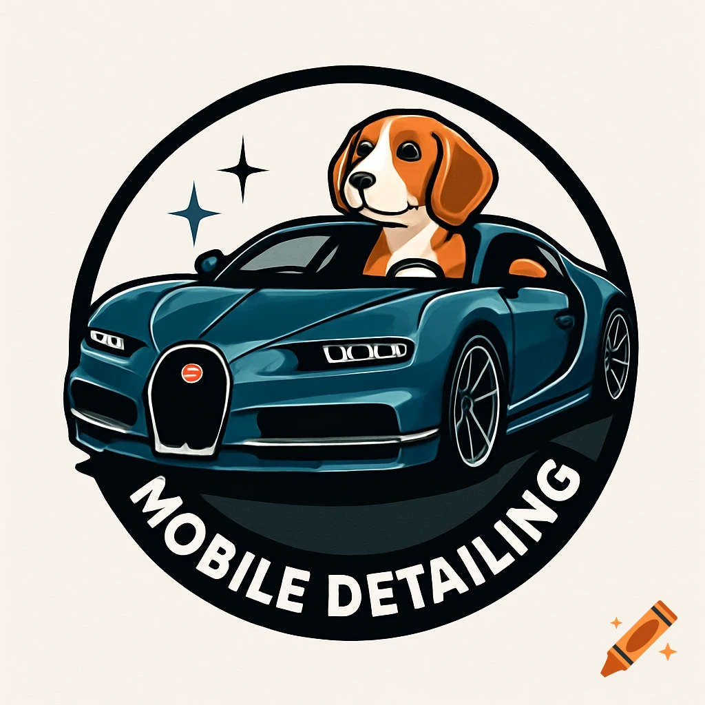 A logo of a cartoon beagle driving a blue sports car within a circle, with text "MOBILE DETAILING" below.