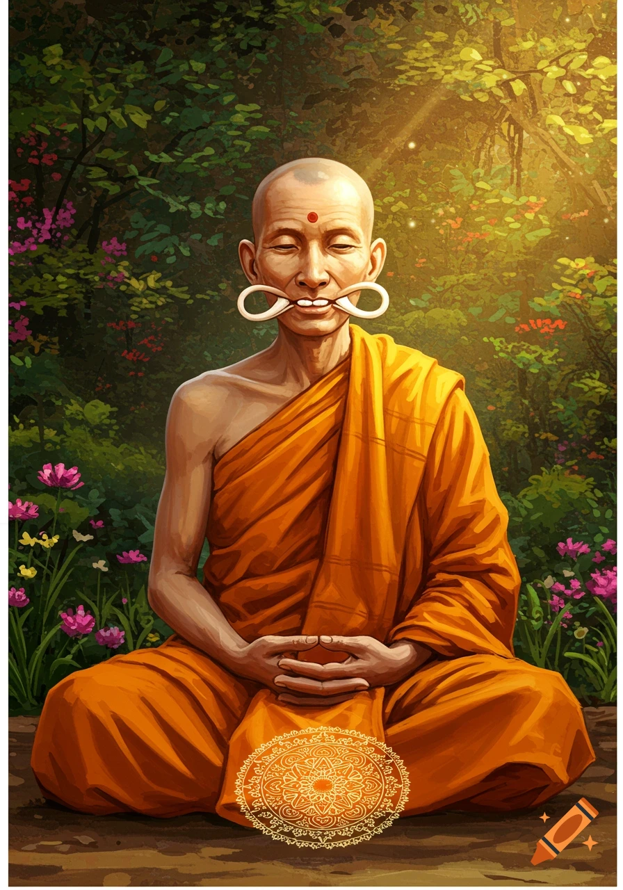 Digital painting of a meditating monk with a strange object in his mouth in a forest setting.
