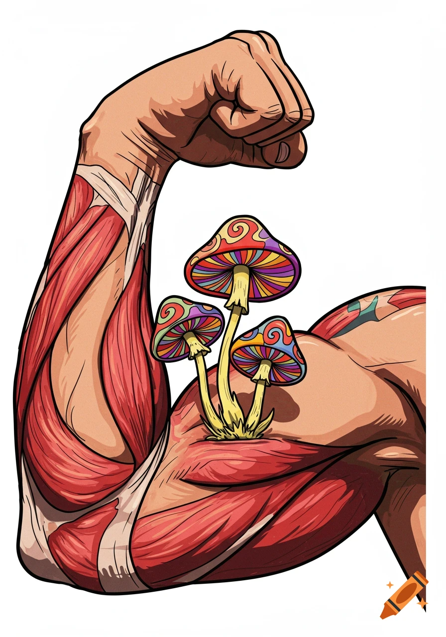 Pop art illustration of a flexing arm showing muscle tissue with colorful psychedelic mushrooms growing from the bicep.