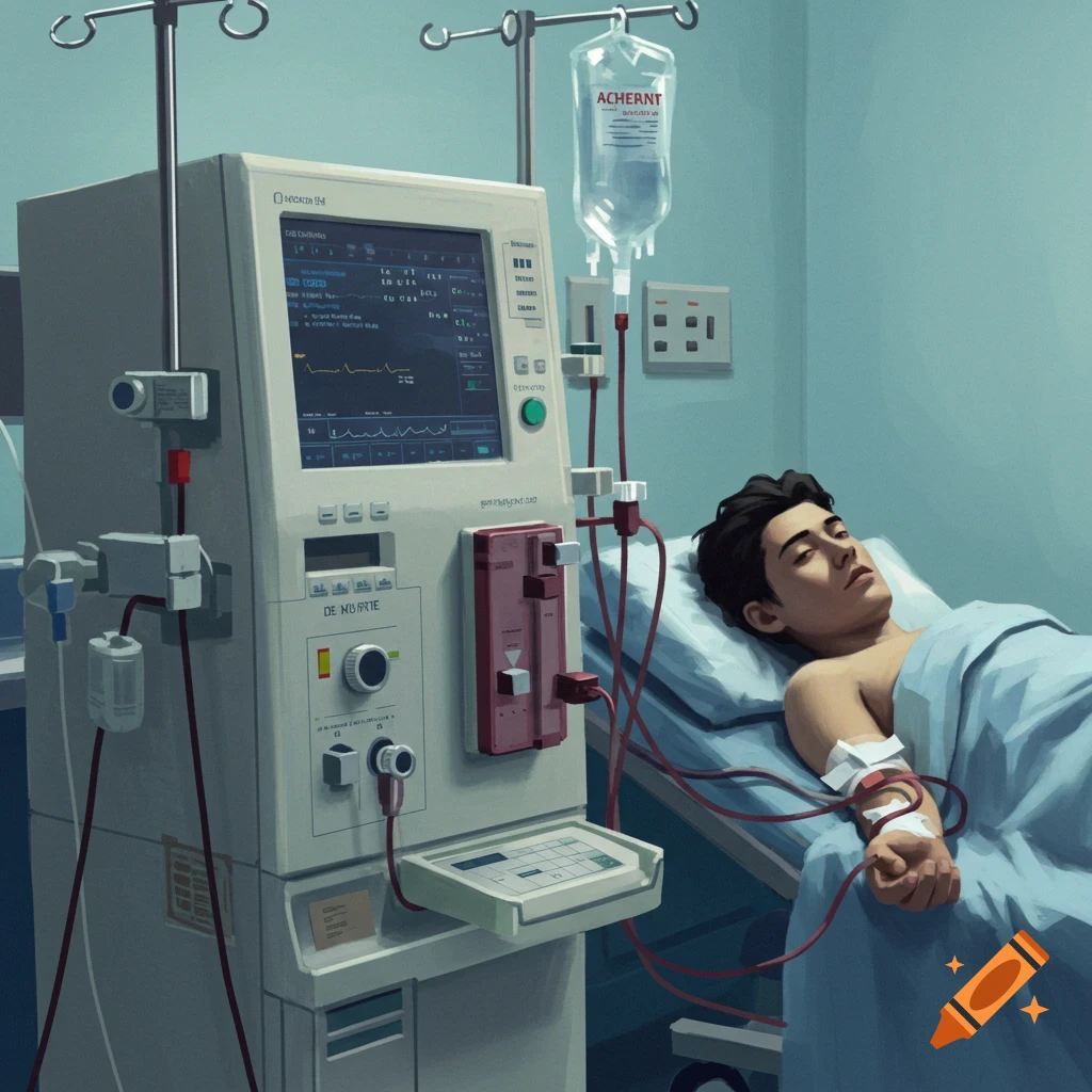 A patient lies in a hospital bed receiving dialysis treatment next to a medical machine.