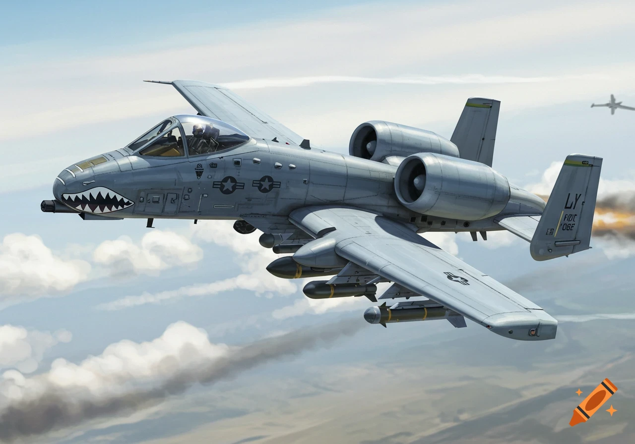 An A-10 Warthog attack jet loaded with bombs and missiles flies through a cloudy sky.