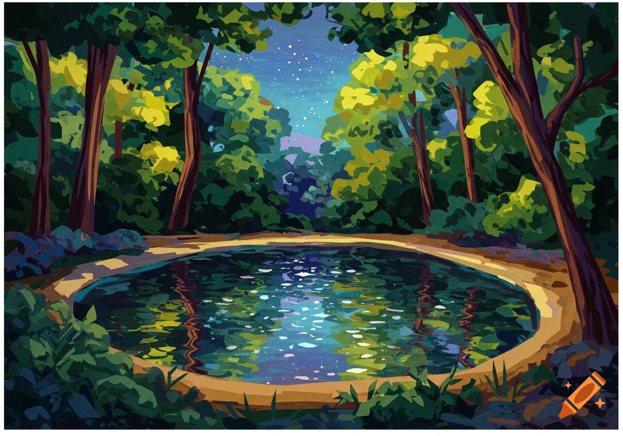 A stylized painting of a starlight pool surrounded by trees in a forest.