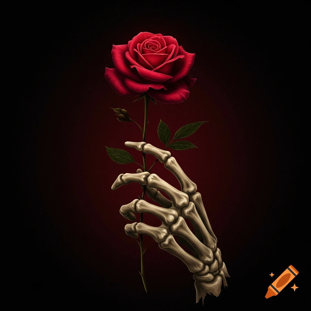 A skeletal hand holds a single red rose against a dark background.