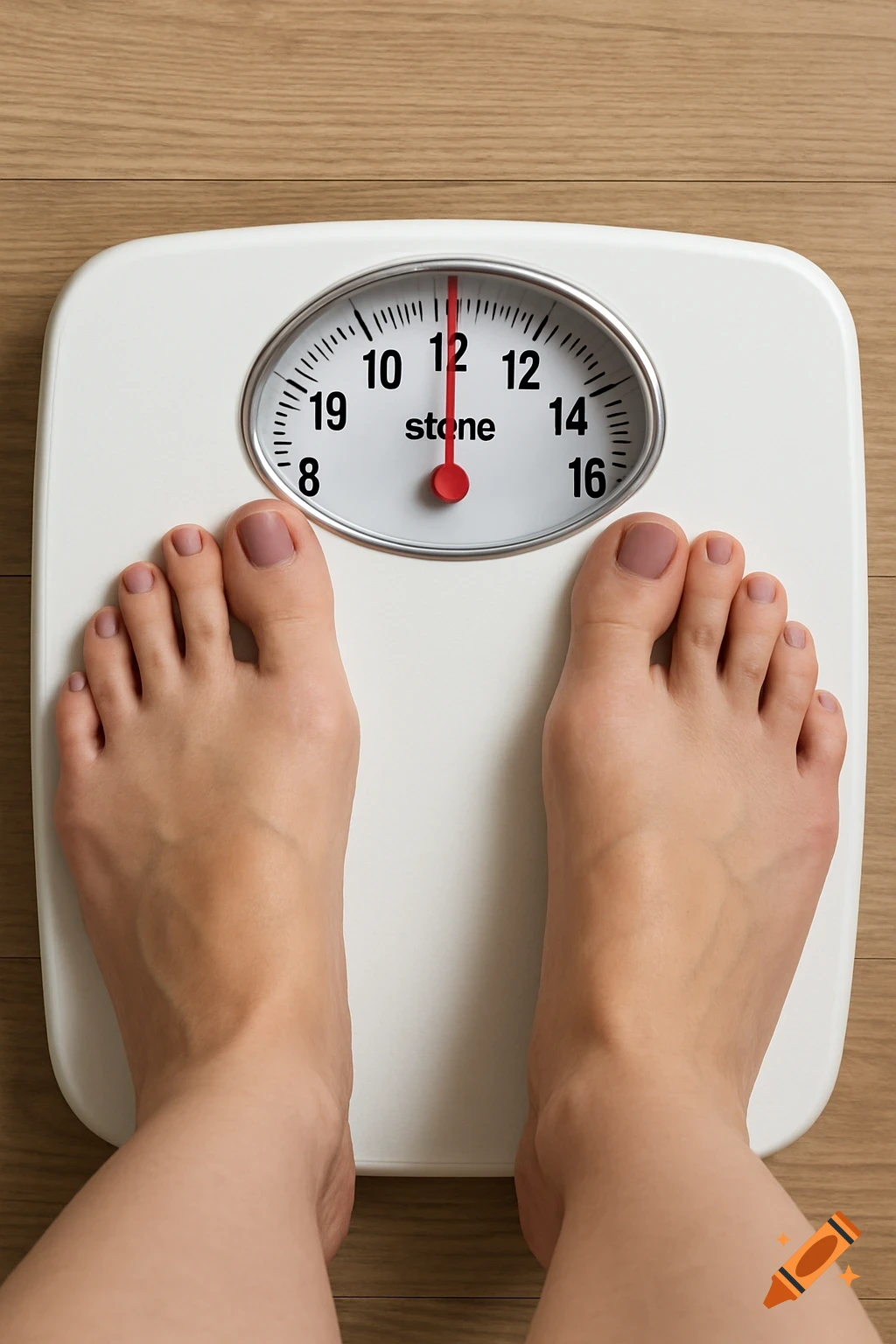 Close-up of feet standing on a white bathroom scale