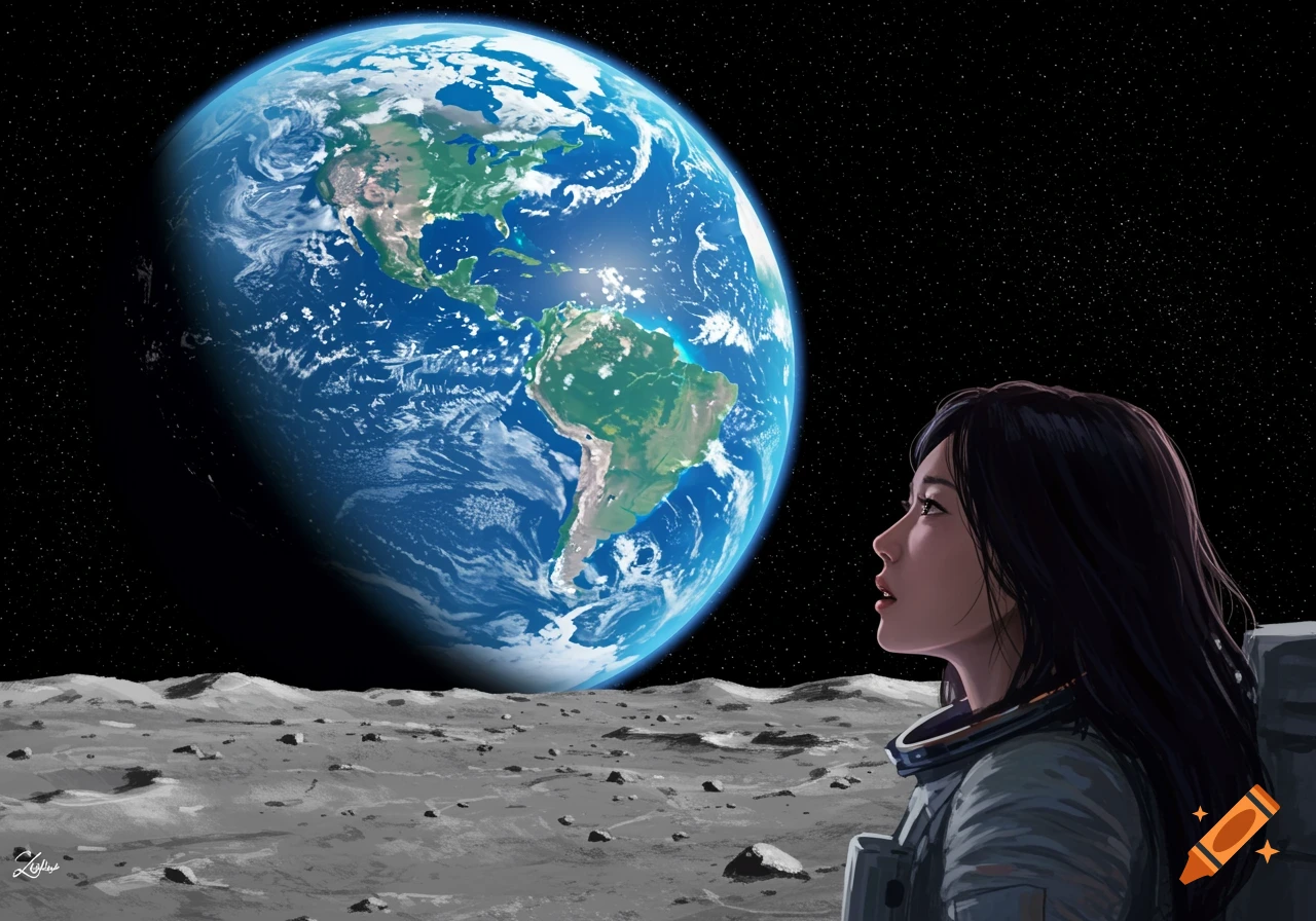 Woman in spacesuit on the moon looks up at Earth, digital painting