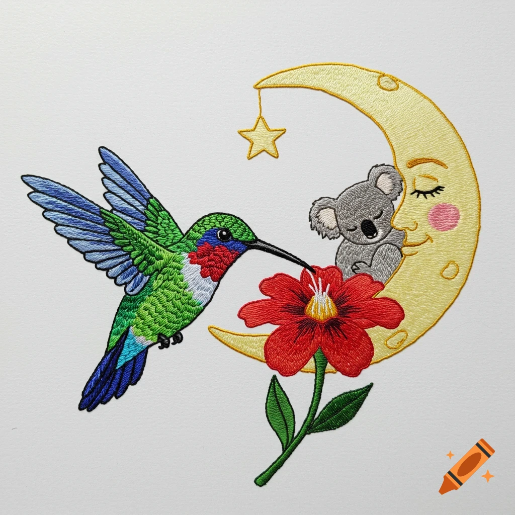 Hummingbird near red flower, koala sleeping on crescent moon. Embroidery style.