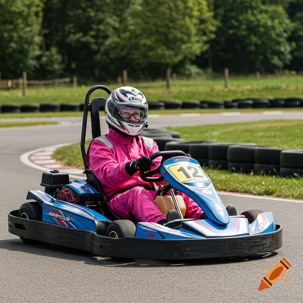 Person in pink racing suit and helmet driving a blue go-kart on a track
