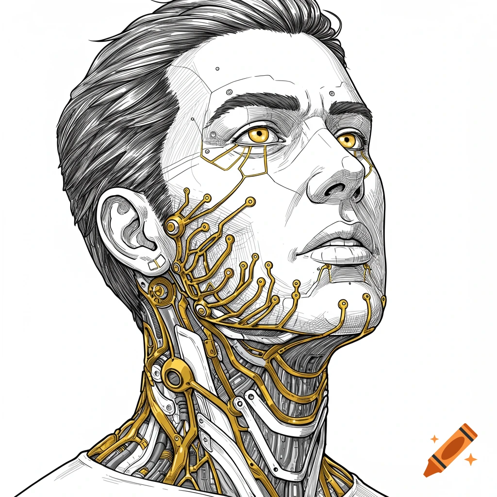 Detailed black and white line art drawing of a futuristic man's face with golden robotic circuits and glowing eyes.