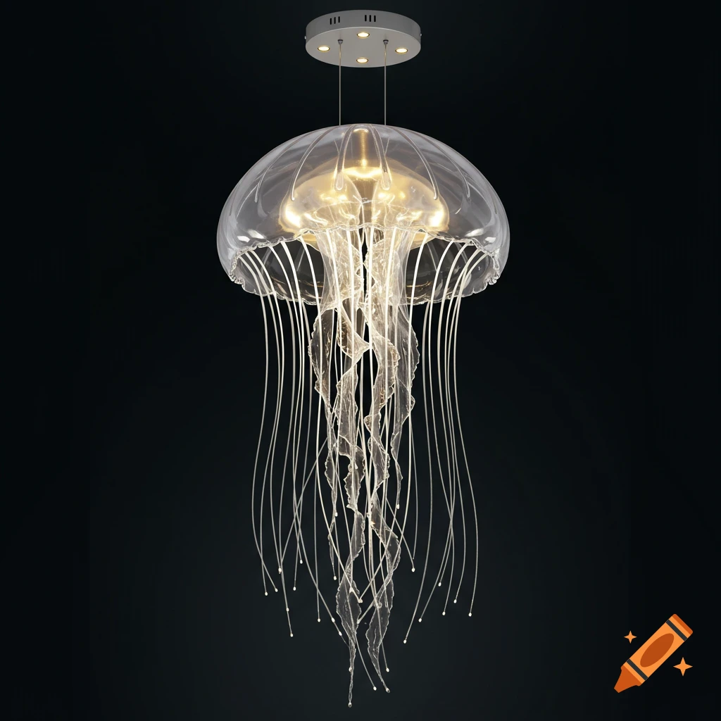 A clear jellyfish-inspired pendant light hangs from the ceiling against a dark background.