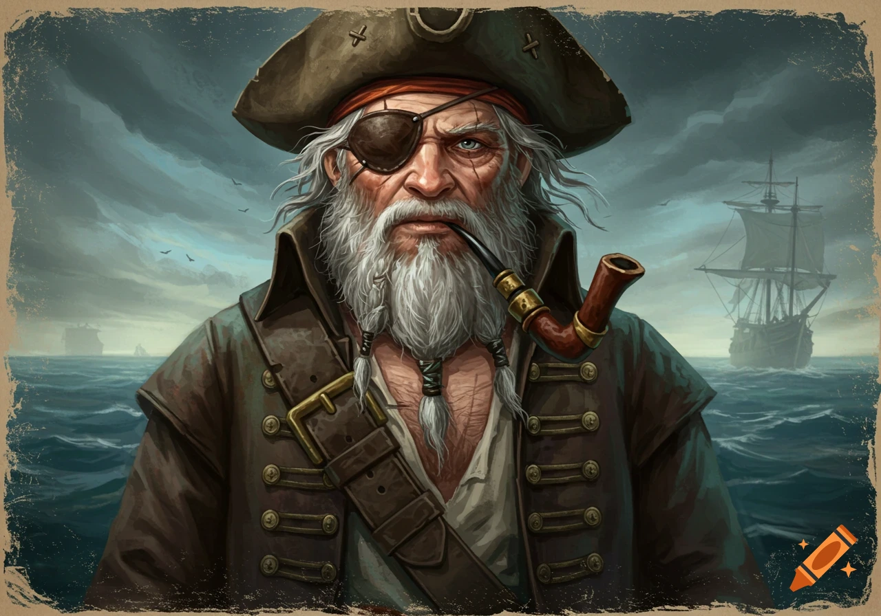 Close-up portrait of an old pirate with an eyepatch and pipe aboard a ship at sea.