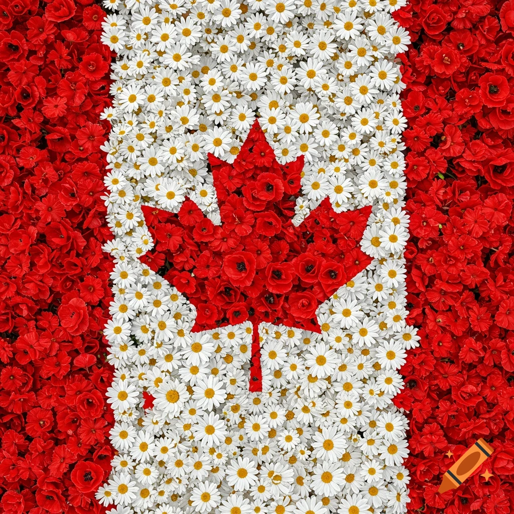 Canadian flag made of red poppies and white daisies