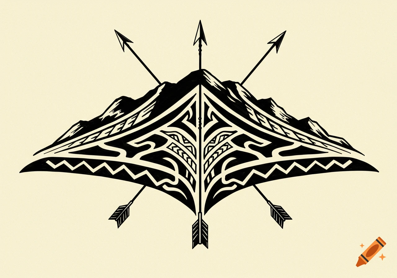A black and white tattoo design featuring a stylized mountain peak with tribal patterns, crossed by arrows.