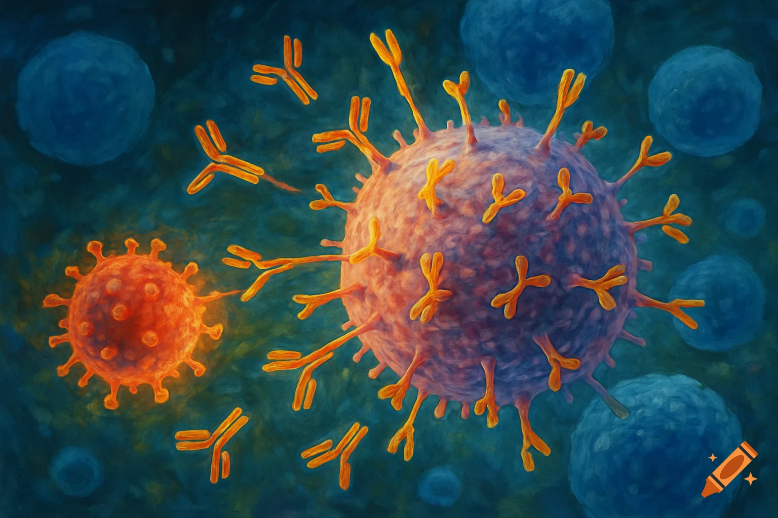 Painterly illustration of a large virus and antibodies