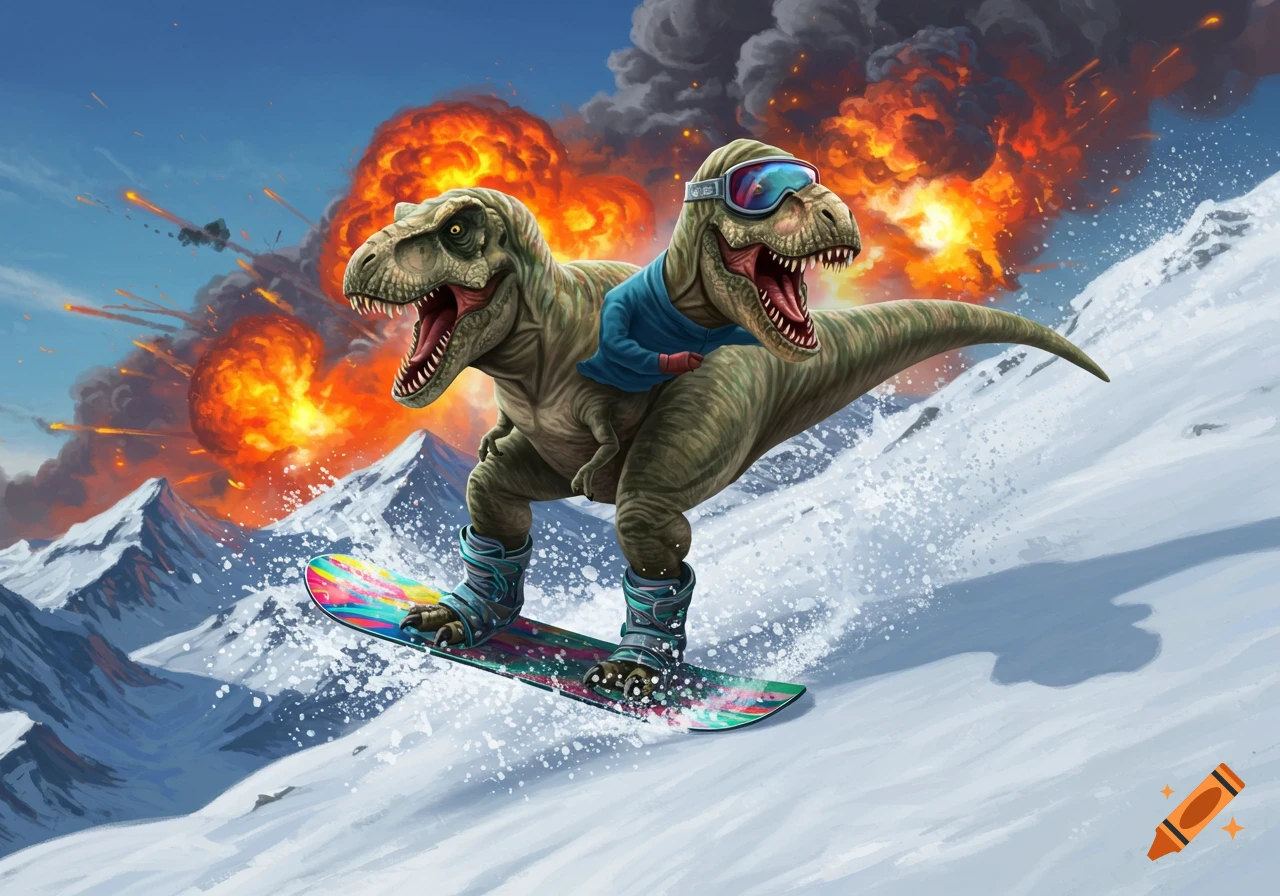 Two T-Rexes snowboarding down a snowy mountain with explosions behind them.