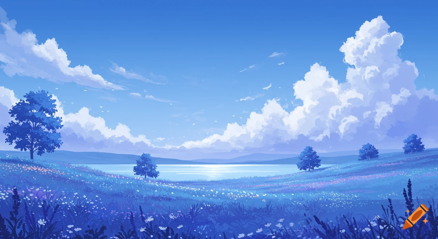 Blue artistic landscape with lake, hills, trees, flowers, and clouds.
