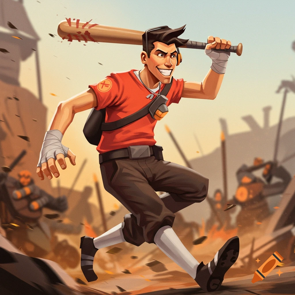 Stylized depiction of the Team Fortress 2 Scout running with a bat in a battle.