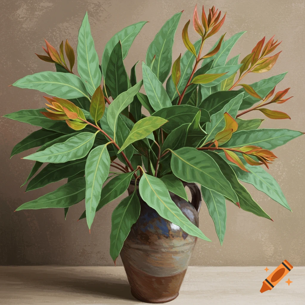 Painting of a bouquet of green and reddish leaves in a patterned vase.