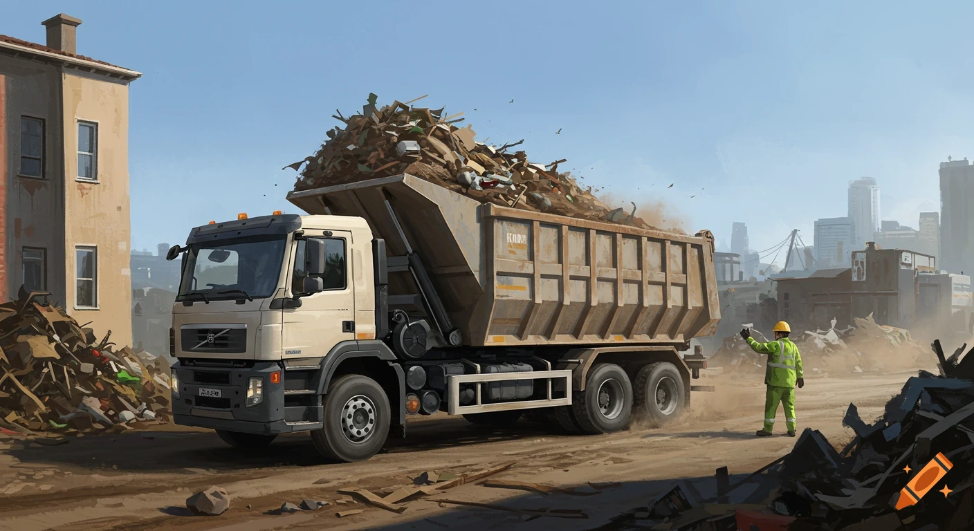A large dump truck filled with junk drives on a dirt road next to a building, with a worker standing nearby and a city skyline in the background.