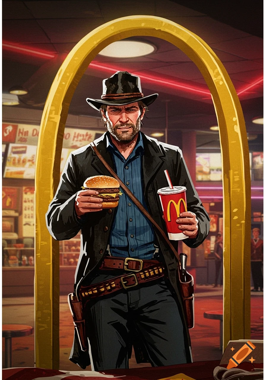 Stylized illustration of Arthur Morgan from Red Dead Redemption holding a burger and soda in a McDonald's.