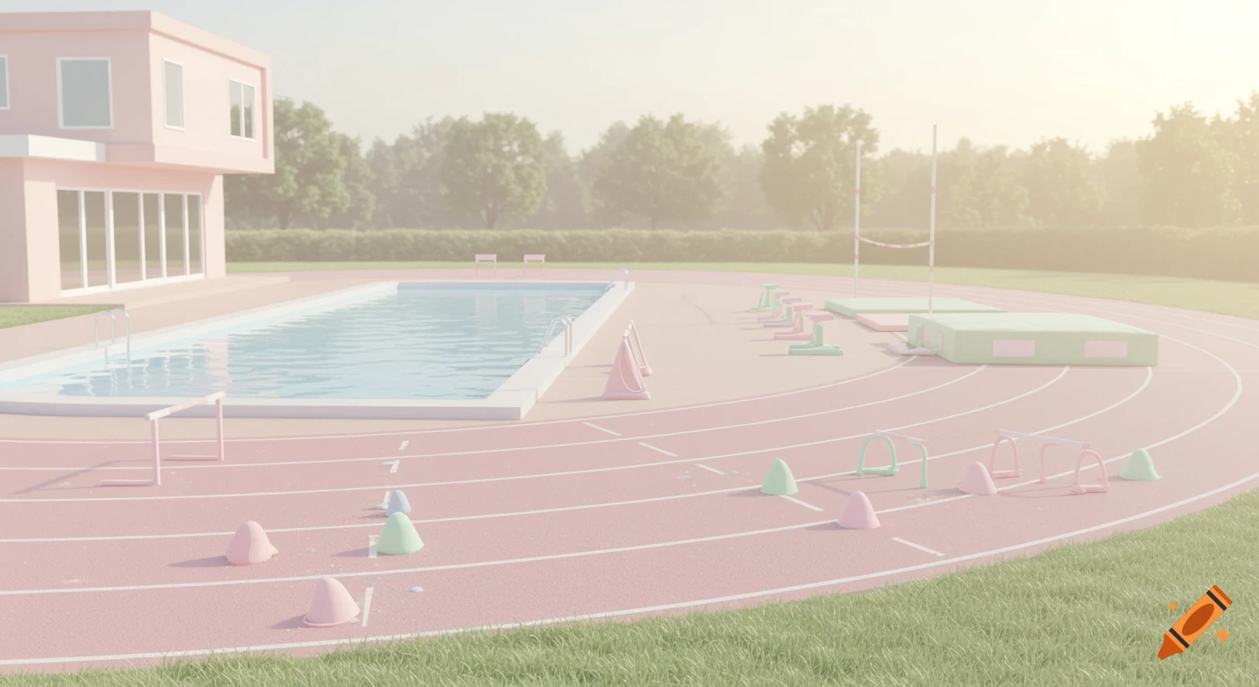 Pastel-themed outdoor sports facility with a pink building, swimming pool, running track, high jump, and hurdles.