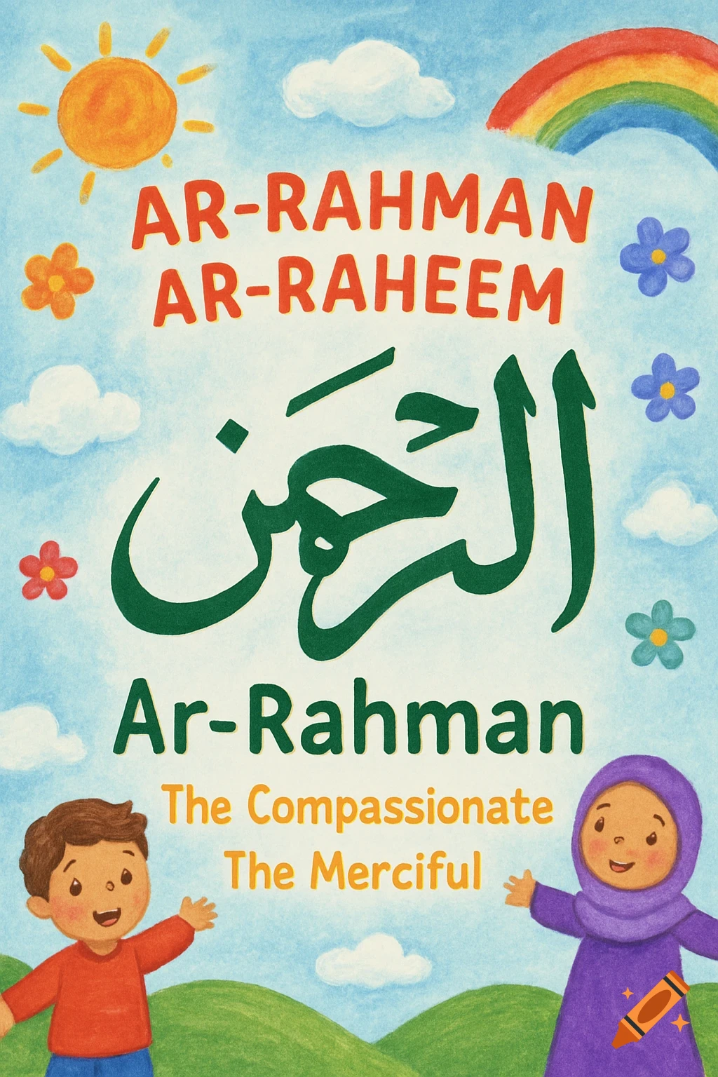 Childlike illustration with text Ar-Rahman, Ar-Raheem, Arabic calligraphy, a boy, girl, rainbow, sun, clouds, flowers, and hills.