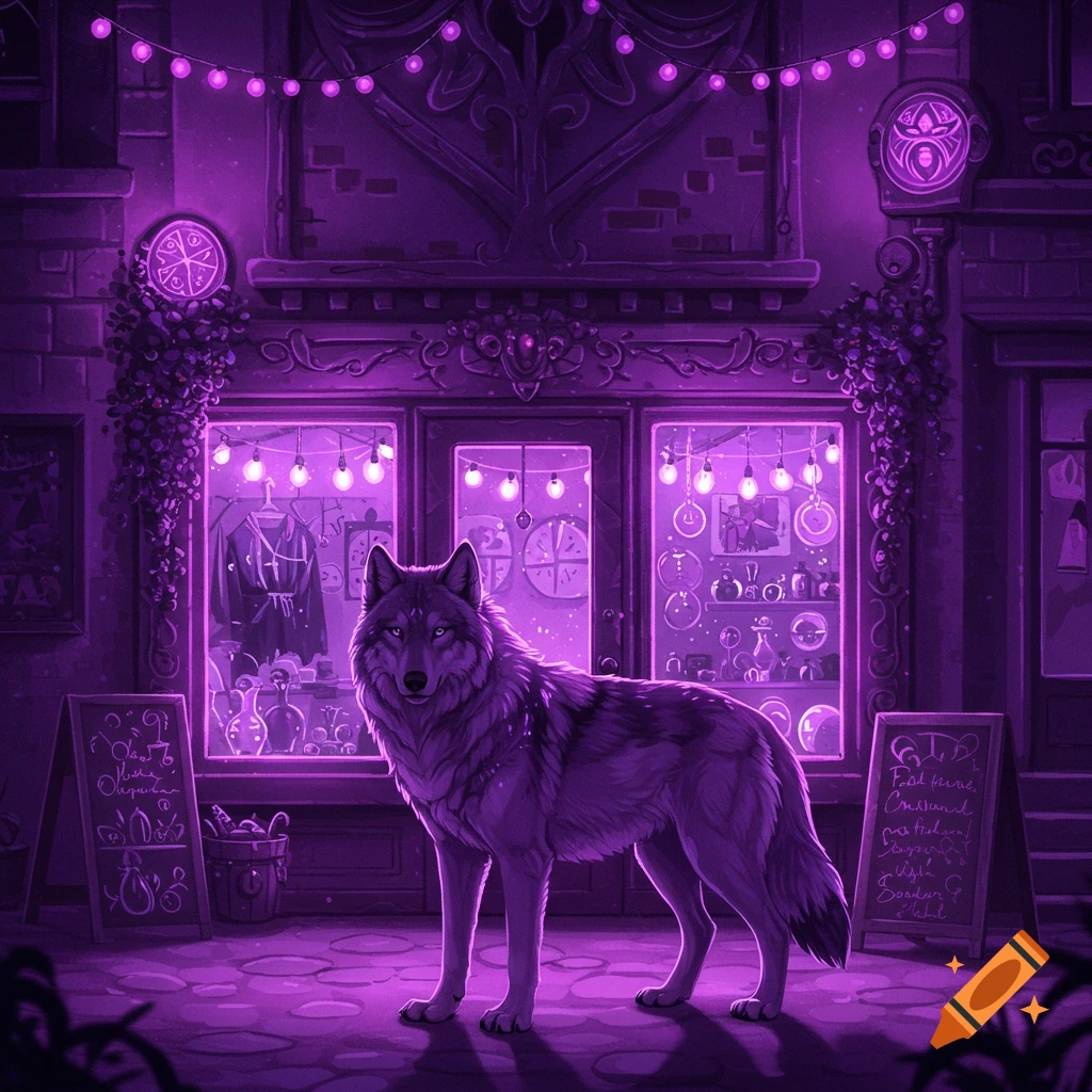 A large wolf stands in front of a fantasy shop illuminated with purple lights at night.