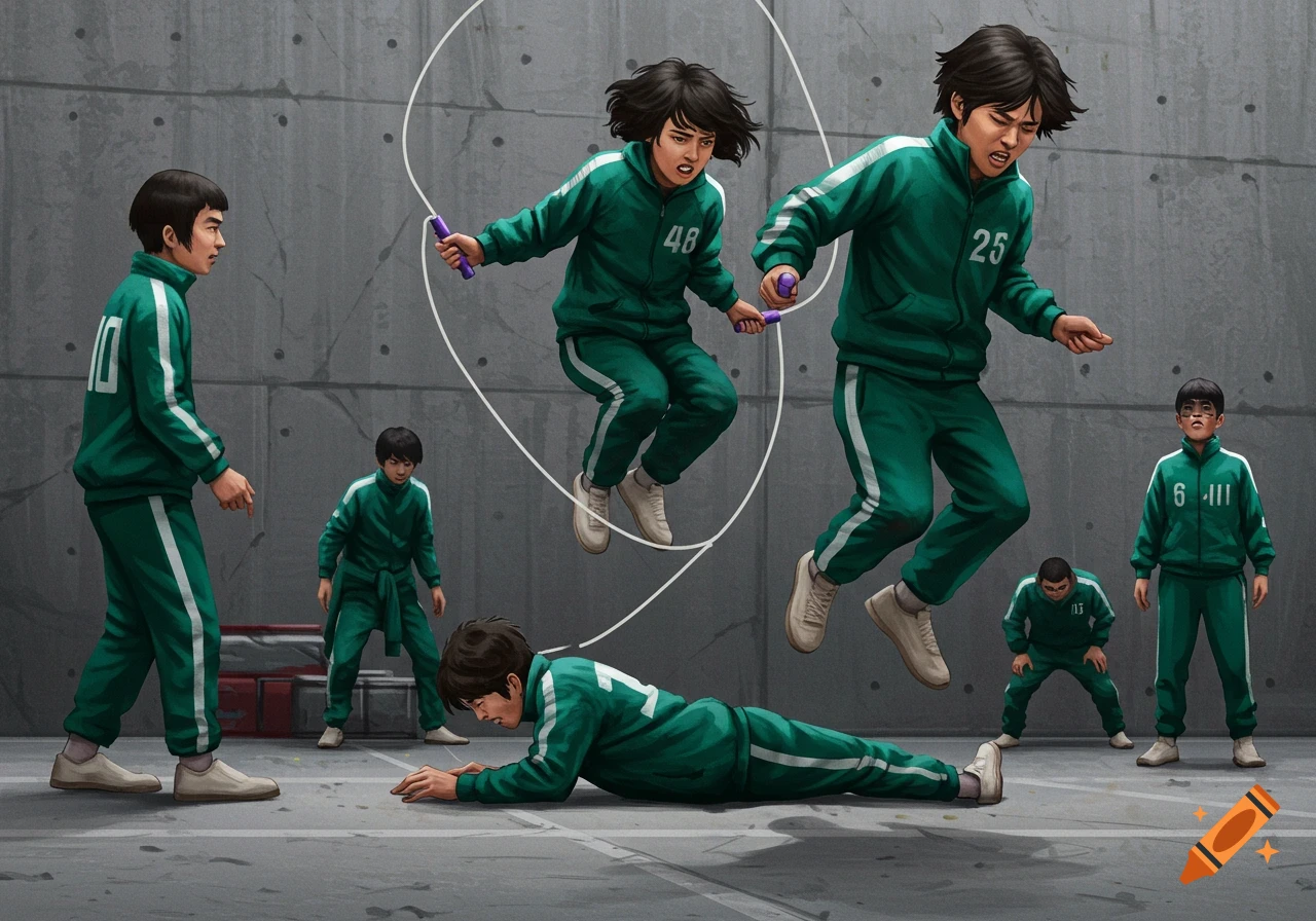 People in green tracksuits play jump rope in a concrete arena, referencing Squid Game. Some jump, one has fallen.