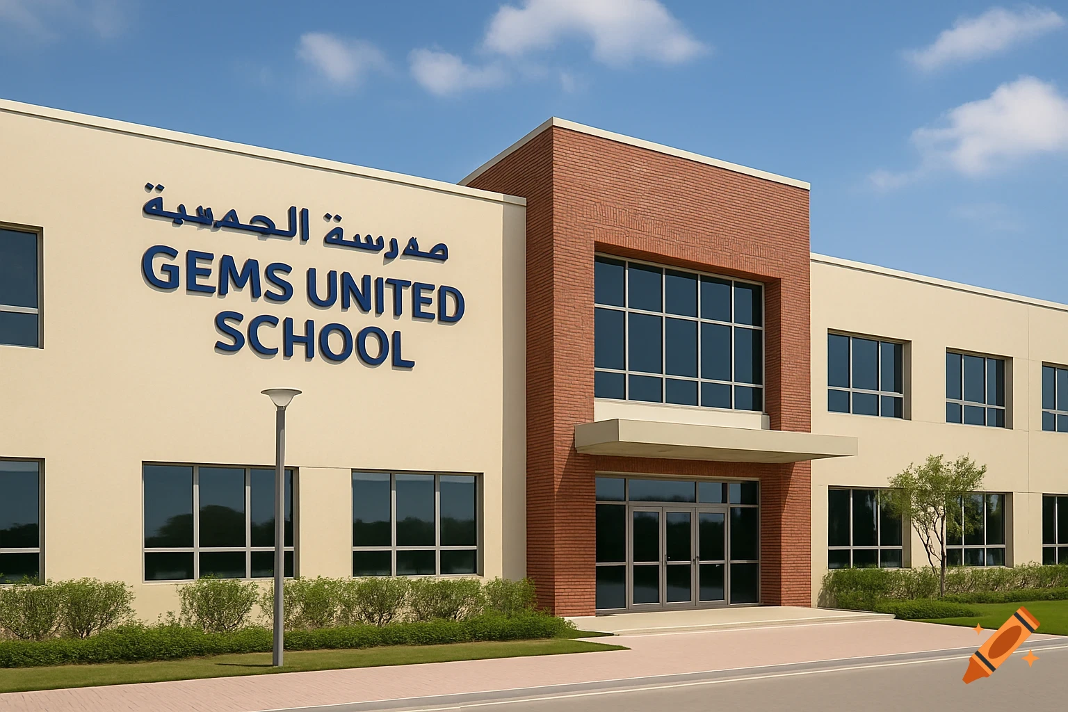 A modern school building with signage under a blue sky.