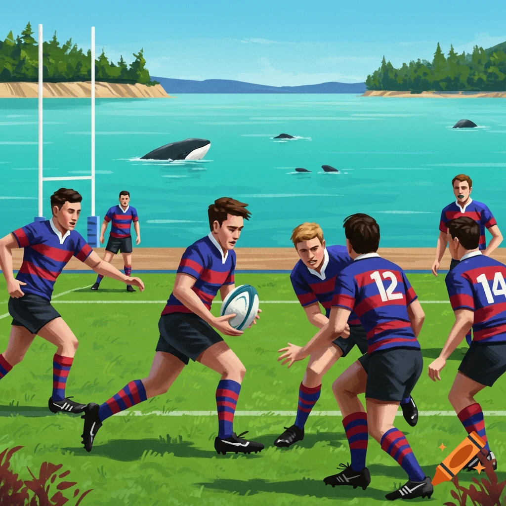 Illustration of a rugby game played near water where whales are visible.