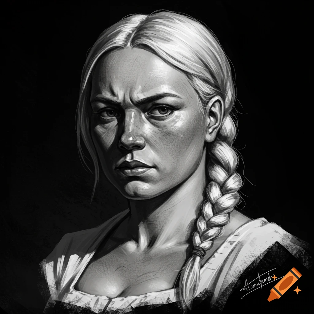 Black and white charcoal sketch portrait of a woman with a braided pigtail looking intensely.