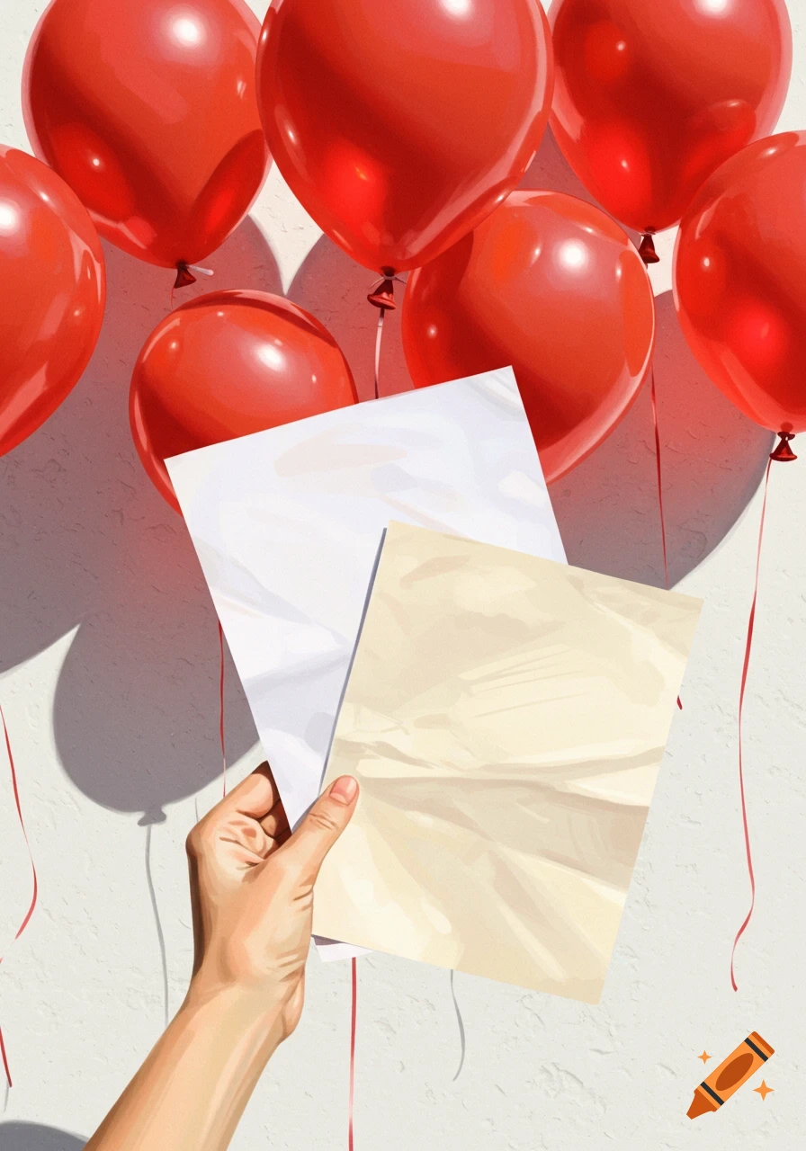 A hand holds two pieces of paper in front of red balloons and a white wall.