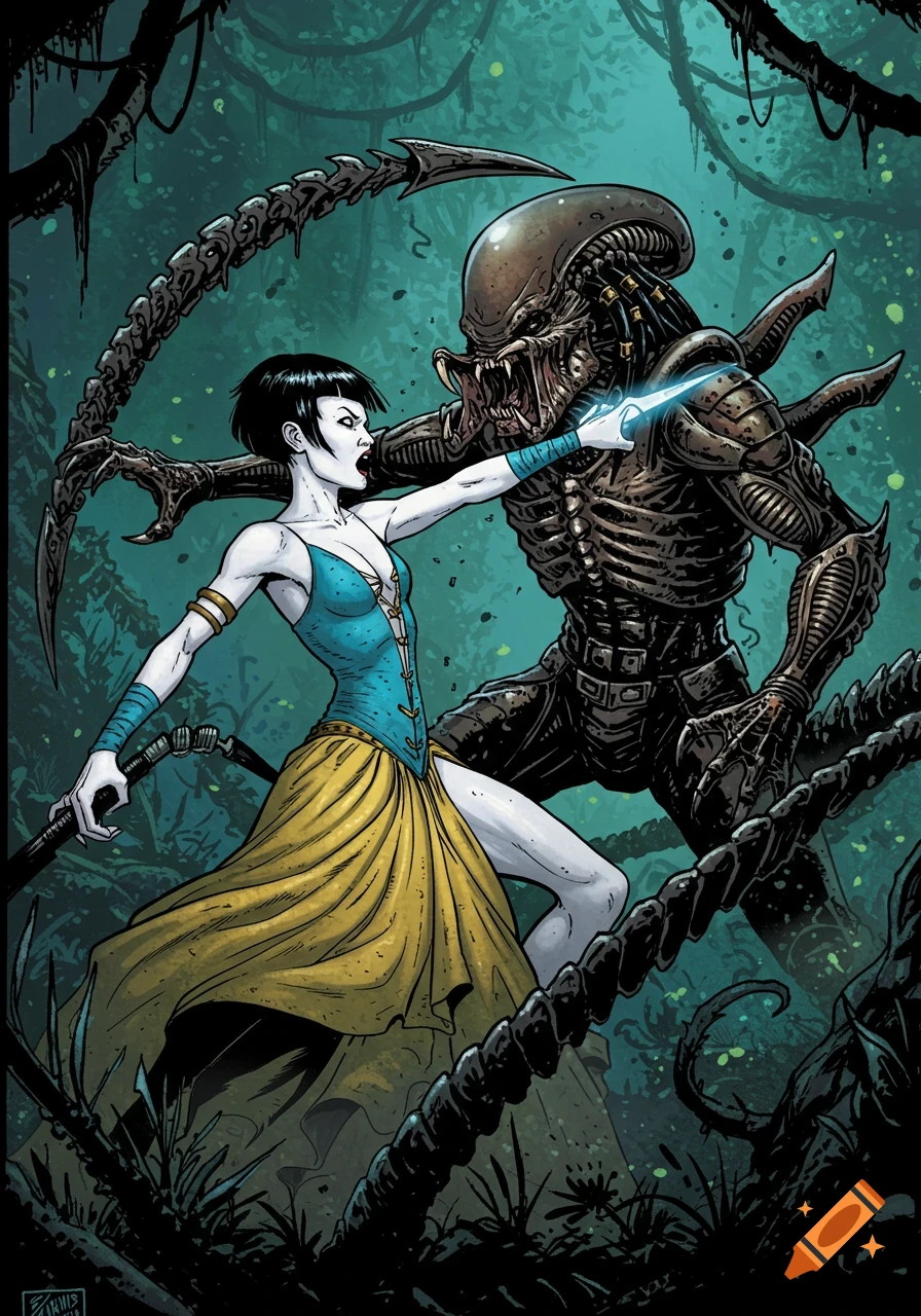 Woman in a dress fights an alien creature in a jungle, comic art style.
