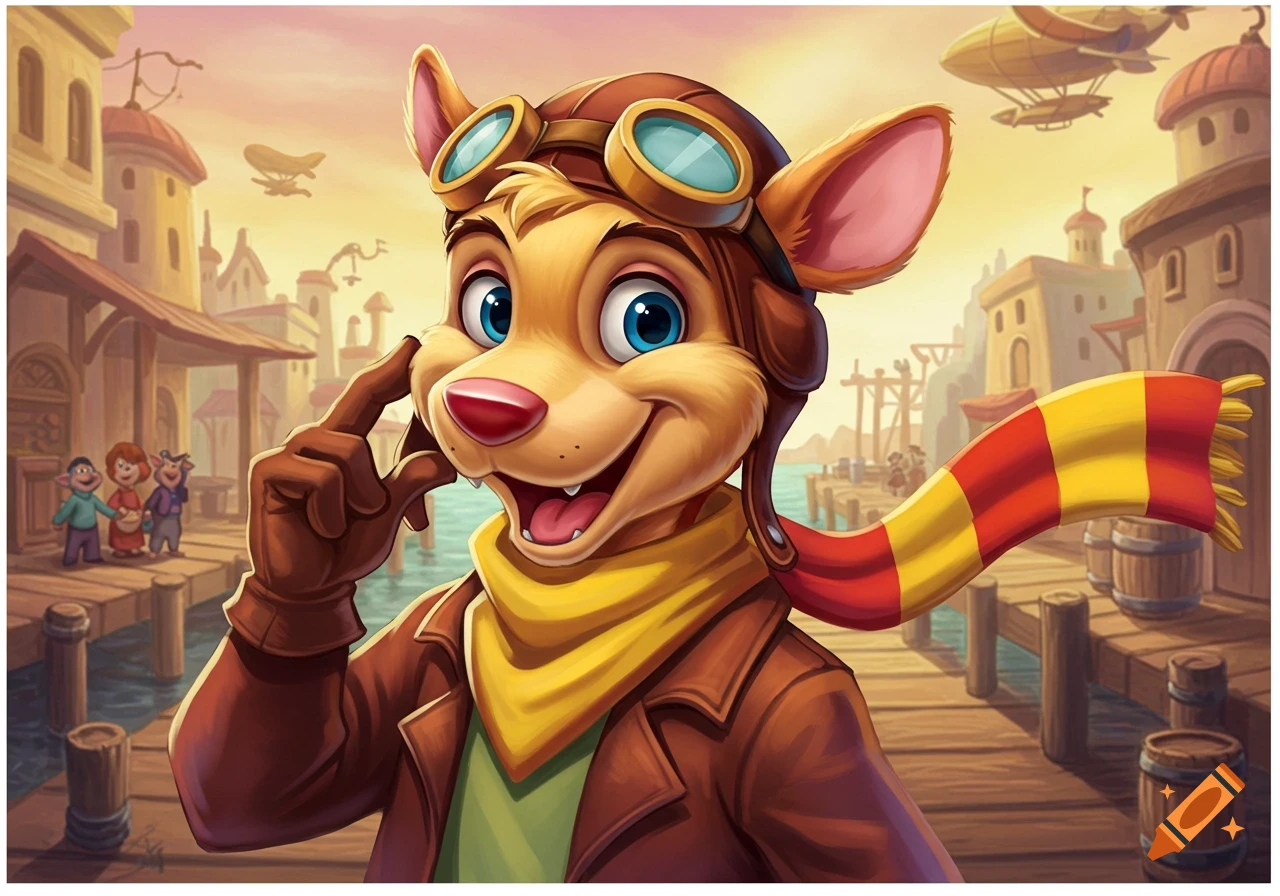 Cartoon anthropomorphic dog in aviator gear in a town with airships