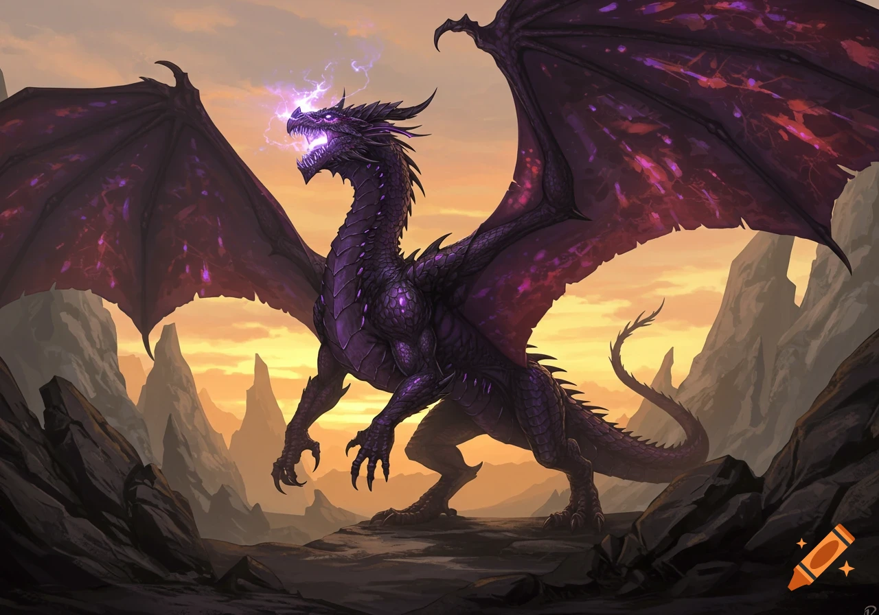 A large purple and black dragon stands roaring with energy erupting ...