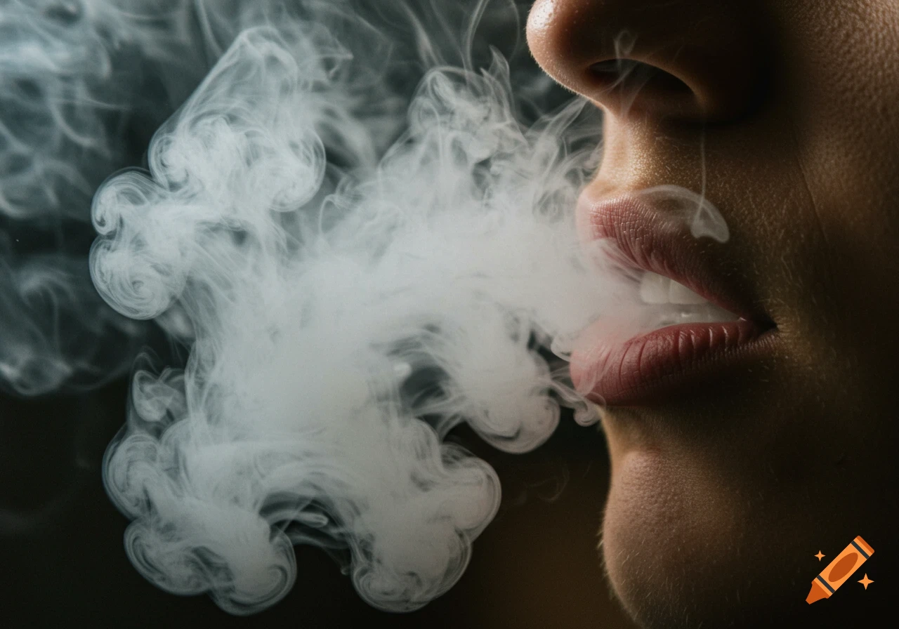 Close up of a person's mouth exhaling a large cloud of white smoke