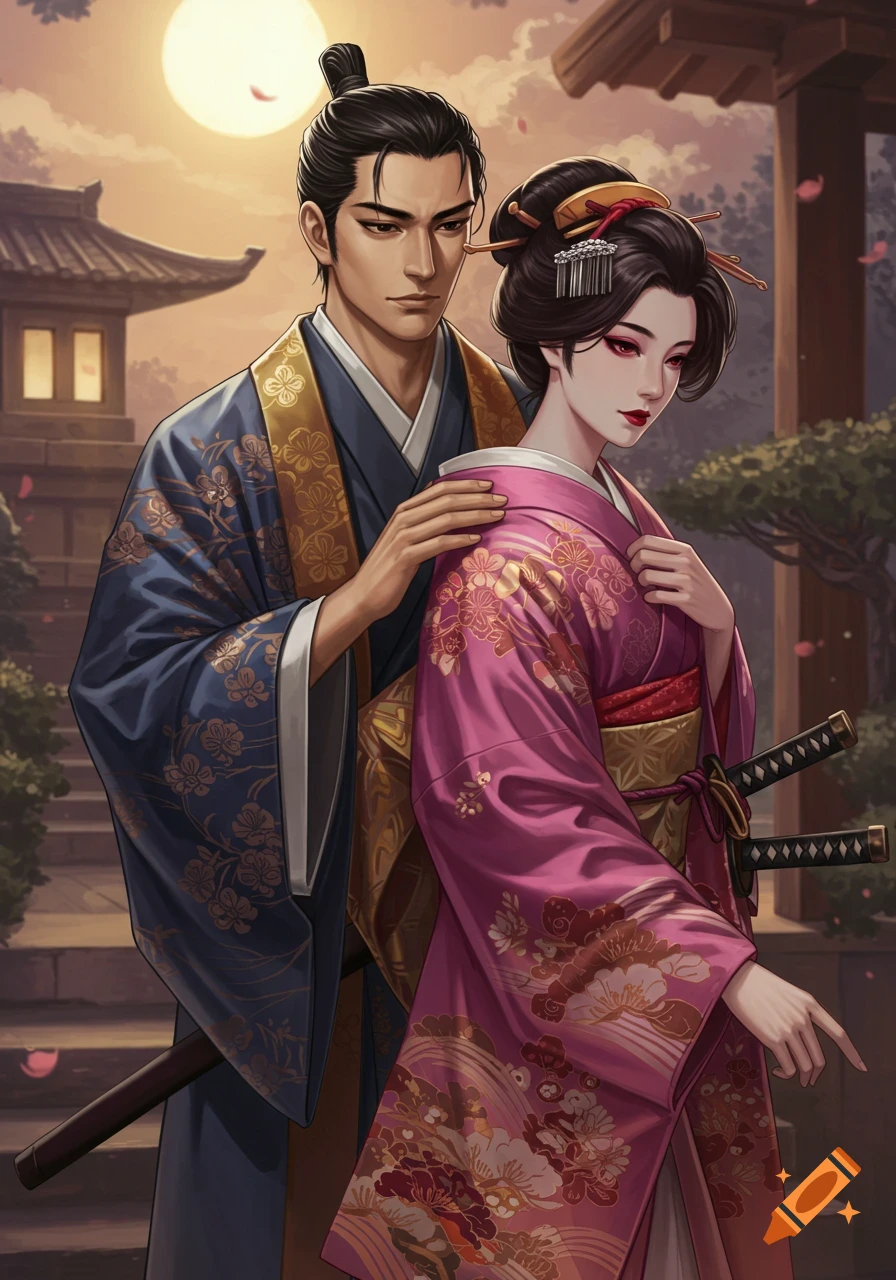 Japanese couple in traditional clothing in a garden at sunset, anime style.